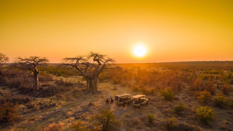 Ghoha Hills Savuti Lodge Sonnenuntergang bei Baobab Bäumen
