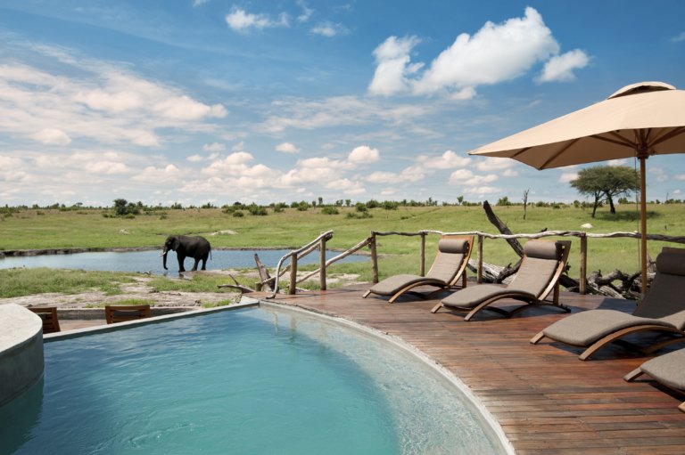 Somalisa Camp African Bush Camps Pool mit Blick auf Wasserloch mit Elefant