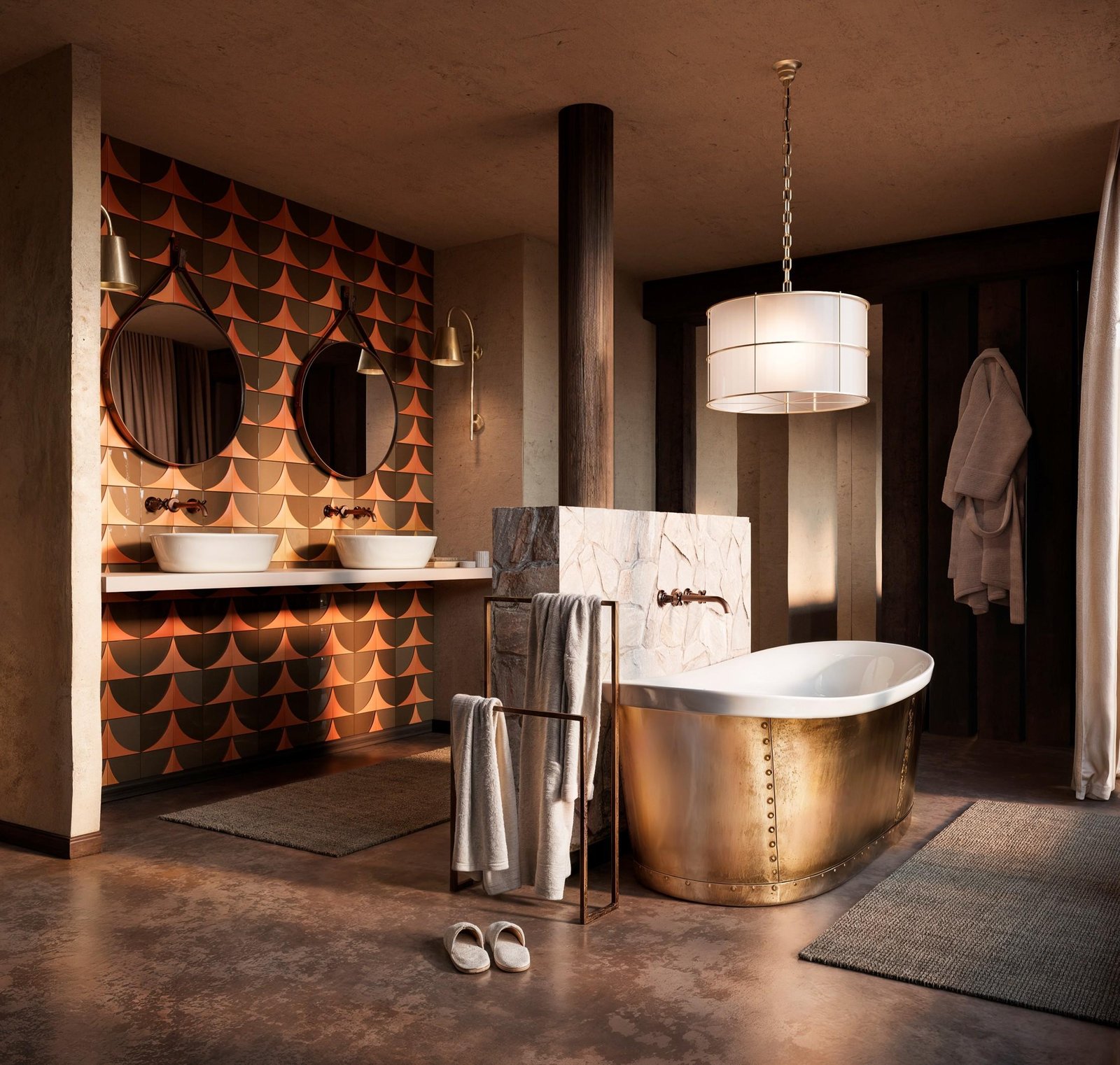 Badezimmer mit einer freistehenden Badewanne und 2 Waschbecken