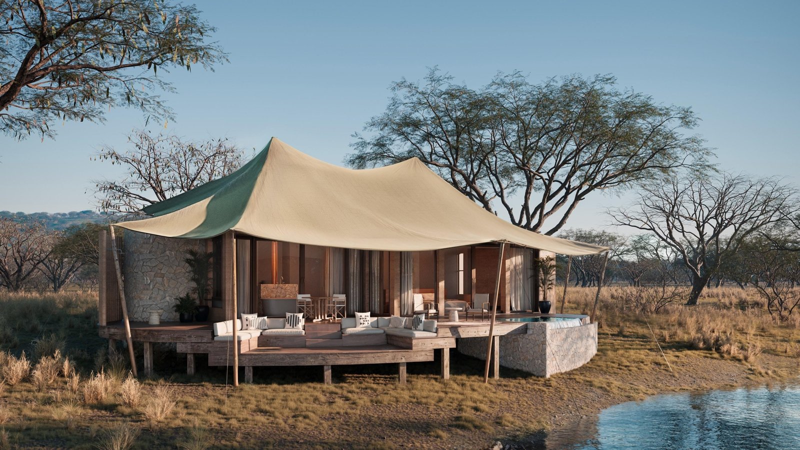 Zelt Zimmer von Aussen mit privater Terrasse und Plungepool