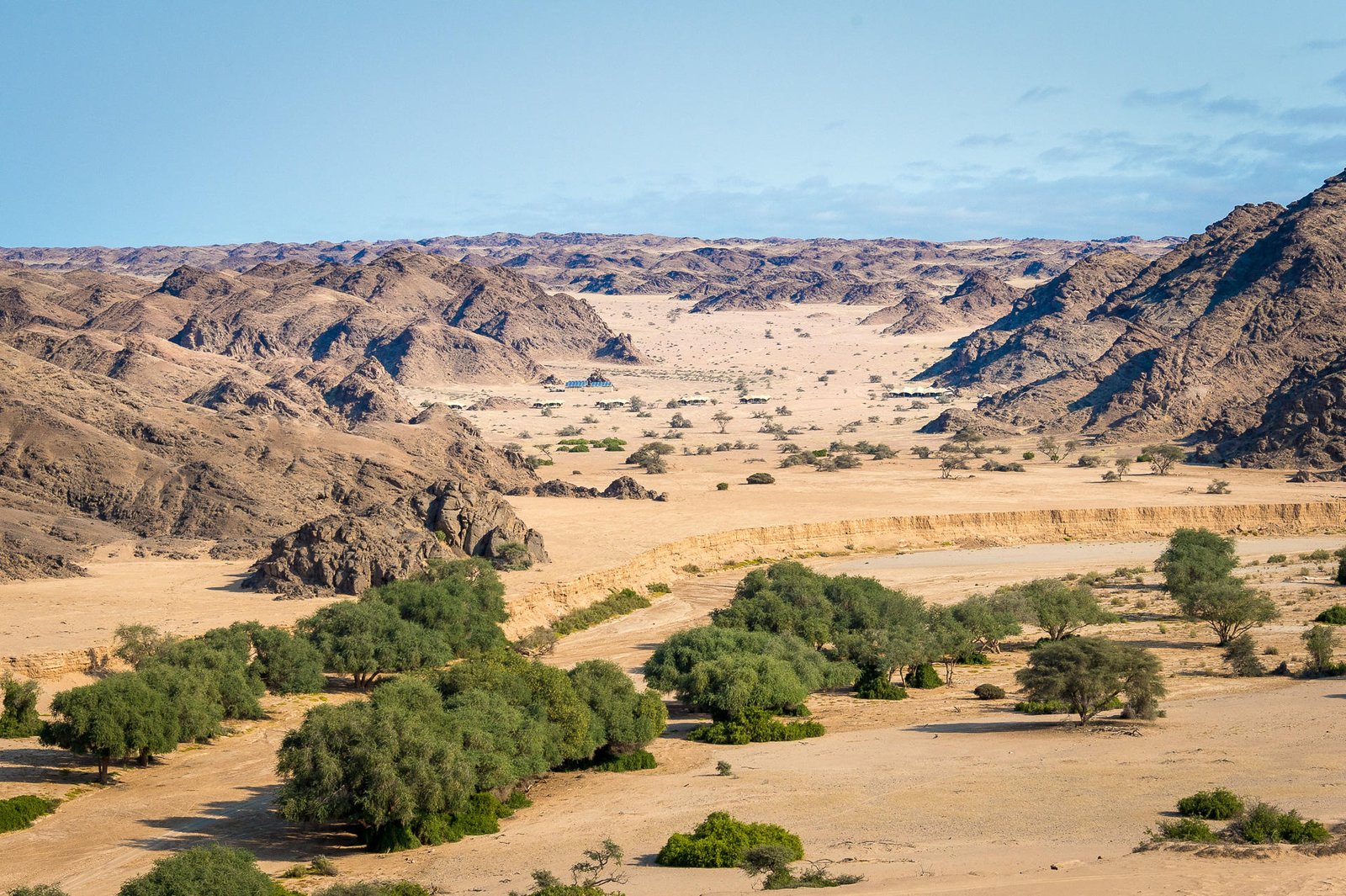 Hügelige Landschaft Skeleton Coast mit grünen Bäumen im Vordergrund