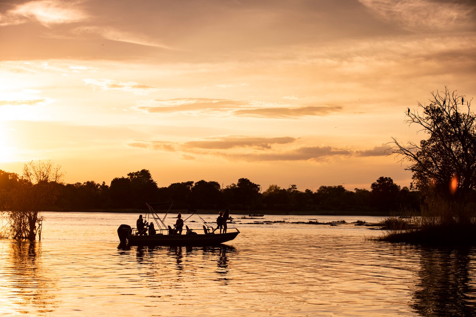Bootsfahrt auf Zambezi bei Sonnenuntergang